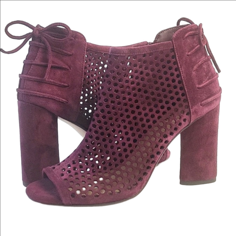 Gianni Bini Klaytinn Wine Cut Out Suede Leather Peep Toe Lace Back Block Heels